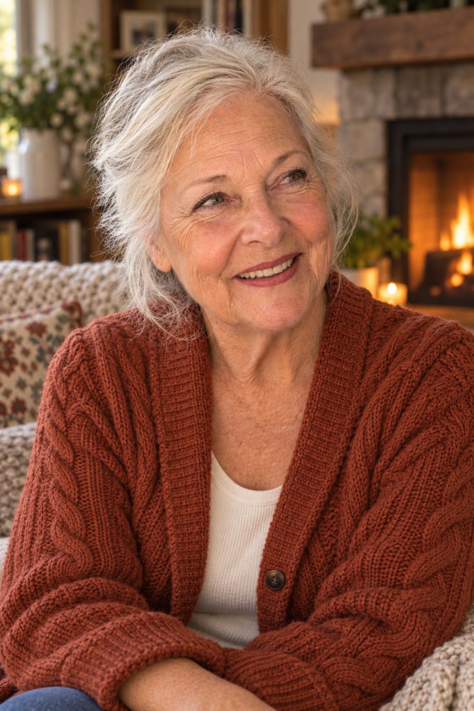 June Whitaker by the fire