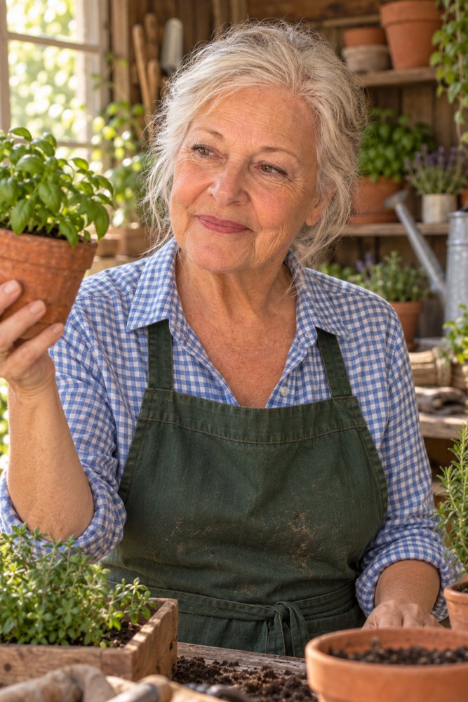June Whitaker in the potting shed